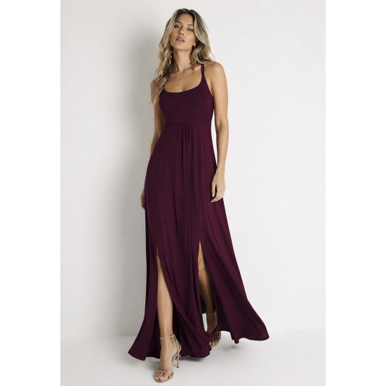 Vestido Longo Jambo Malha Aberturas Bordô