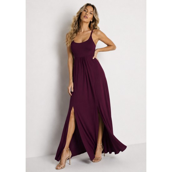 Vestido Longo Jambo Malha Aberturas Bordô