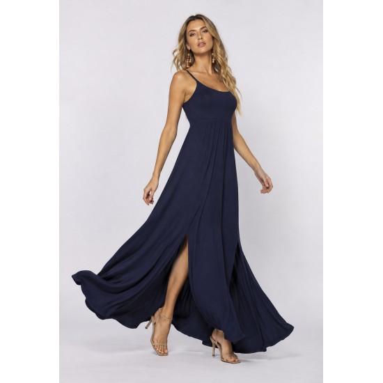 Vestido Longo Jambo Malha Aberturas Azul