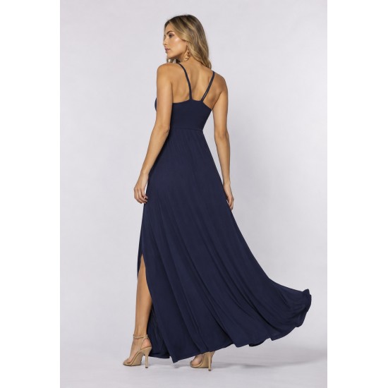 Vestido Longo Jambo Malha Aberturas Azul