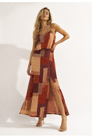 Vestido Longo Amana Malha Aberturas Estampa Tramas do Sol