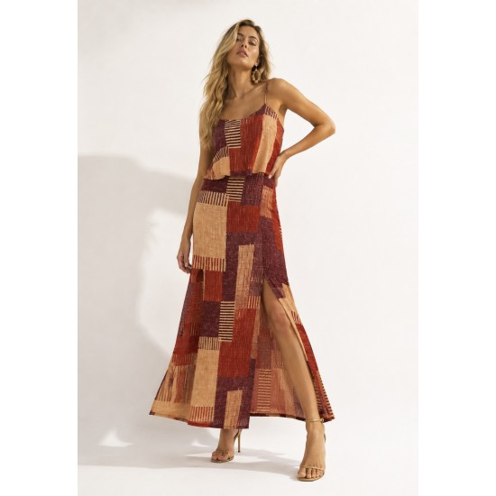 Vestido Longo Amana Malha Aberturas Estampa Tramas do Sol