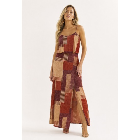 Vestido Longo Amana Malha Aberturas Estampa Tramas do Sol