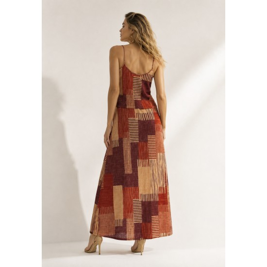 Vestido Longo Amana Malha Aberturas Estampa Tramas do Sol