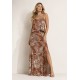 Vestido Longo Amana Malha Aberturas Estampa Palmas Terra
