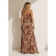 Vestido Longo Amana Malha Aberturas Estampa Palmas Terra