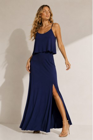 Vestido Longo Amana Malha Aberturas Azul Marinho