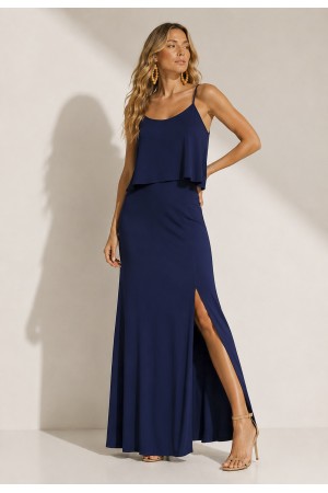 Vestido Longo Amana Malha Aberturas Azul Marinho
