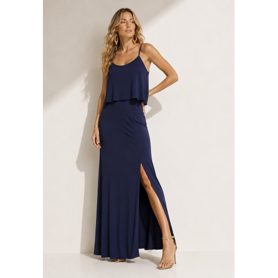 Vestido Longo Amana Malha Aberturas Azul Marinho