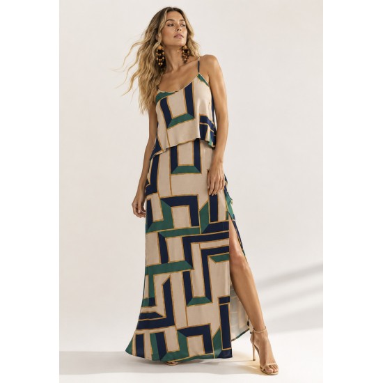 Vestido Longo Amana Malha Aberturas Estampa Chapada de Areia