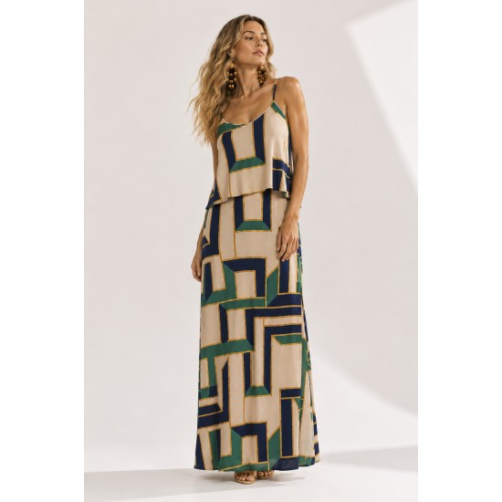 Vestido Longo Amana Malha Aberturas Estampa Chapada de Areia