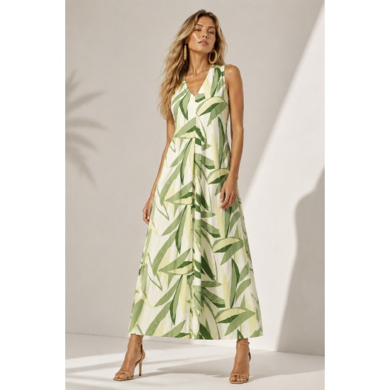 Vestido Longo Acará Malha Estampa Verde Selvagem