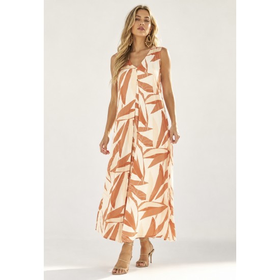 Vestido Longo Acará Malha Estampa Selvagem Laranja