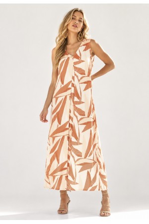 Vestido Longo Acará Malha Estampa Selvagem Laranja