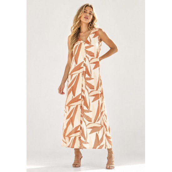 Vestido Longo Acará Malha Estampa Selvagem Laranja