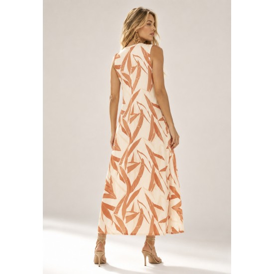 Vestido Longo Acará Malha Estampa Selvagem Laranja