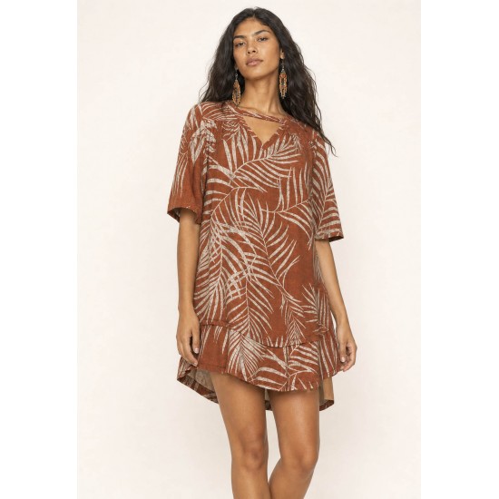Vestido Curto Malha Manga Curta Estampa Palmas Terra