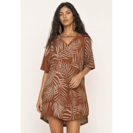 Vestido Curto Malha Manga Curta Estampa Palmas Terra