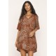 Vestido Curto Malha Manga Curta Estampa Palmas Terra