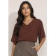 Blusa Gola V Manga Ampla Curta Marrom Café