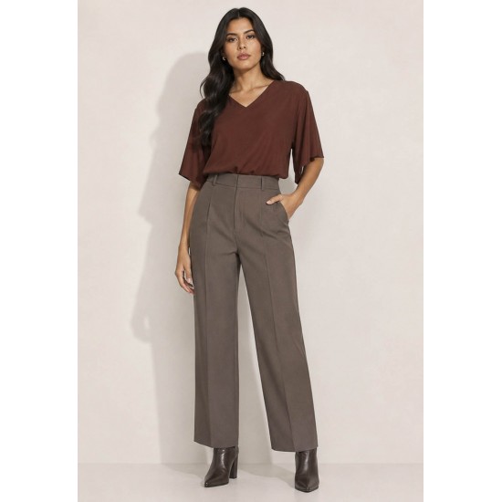 Blusa Gola V Manga Ampla Curta Marrom Café