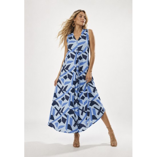 Vestido Longo Acará Malha Estampa Caminhos de Azul