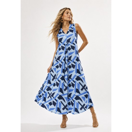 Vestido Longo Acará Malha Estampa Caminhos de Azul
