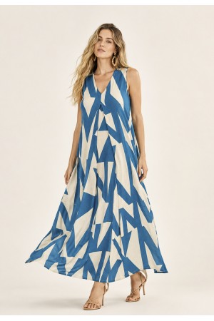 Vestido Longo Acará Malha Estampa Geométrico Blue