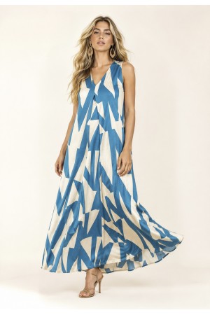 Vestido Longo Acará Malha Estampa Geométrico Blue