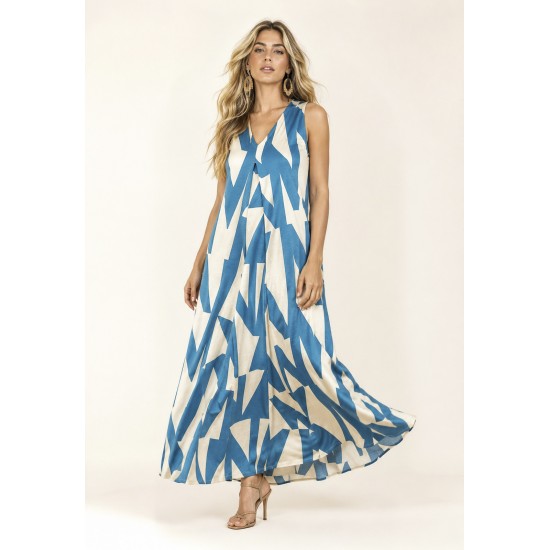 Vestido Longo Acará Malha Estampa Geométrico Blue