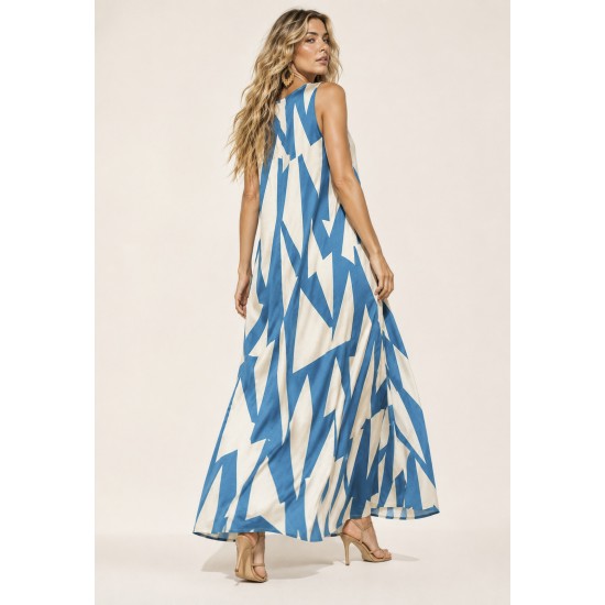 Vestido Longo Acará Malha Estampa Geométrico Blue