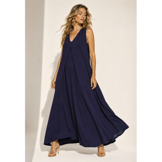 Vestido Longo Acará Malha Azul Marinho