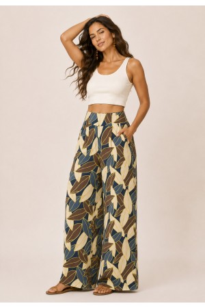 Calça Pantalona Ampla Malha com Bolso Lateral Folhas de Outono