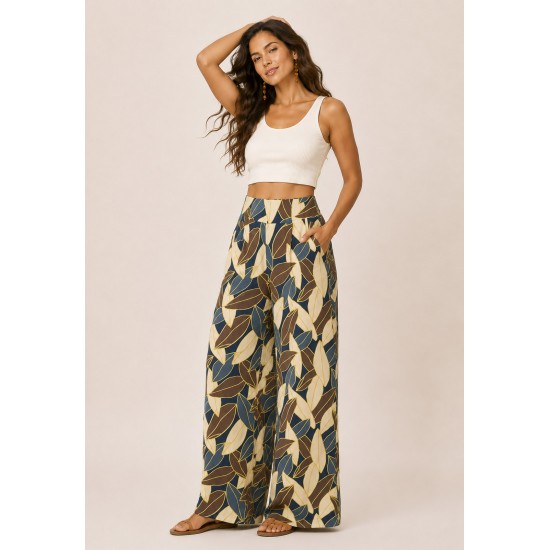 Calça Pantalona Ampla Malha com Bolso Lateral Folhas de Outono