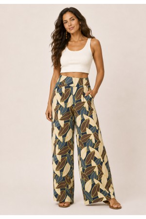 Calça Pantalona Ampla Malha com Bolso Lateral Folhas de Outono