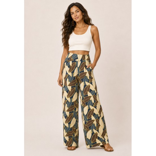 Calça Pantalona Ampla Malha com Bolso Lateral Folhas de Outono