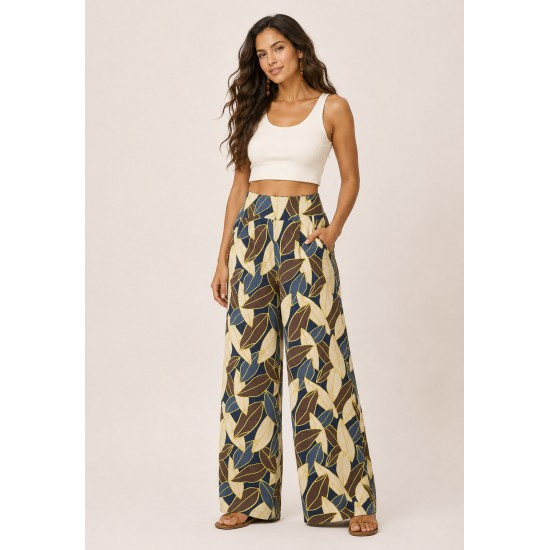 Calça Pantalona Ampla Malha com Bolso Lateral Folhas de Outono