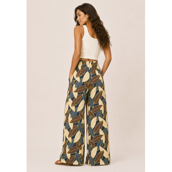 Calça Pantalona Ampla Malha com Bolso Lateral Folhas de Outono