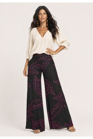 Calça Pantalona Granja Malha Estampa Antúrios Lilás