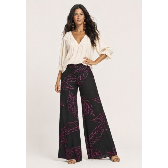 Calça Pantalona Granja Malha Estampa Antúrios Lilás