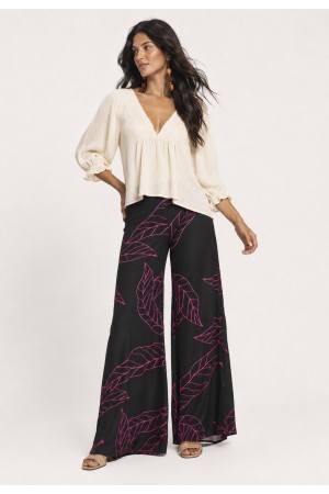 Calça Pantalona Granja Malha Estampa Antúrios Lilás