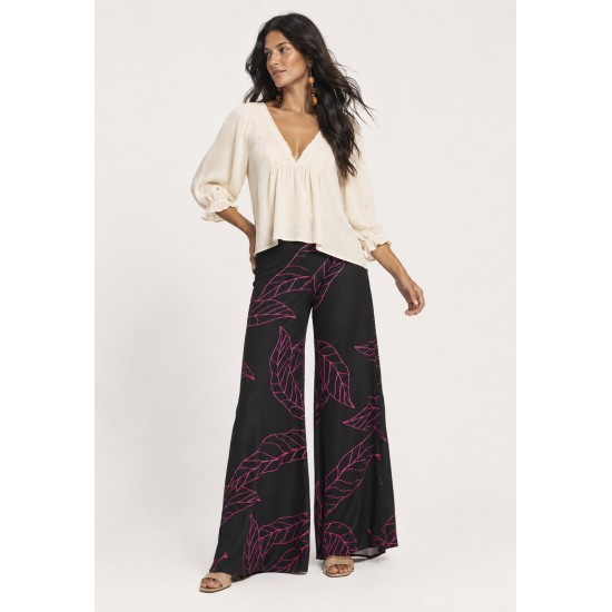 Calça Pantalona Granja Malha Estampa Antúrios Lilás