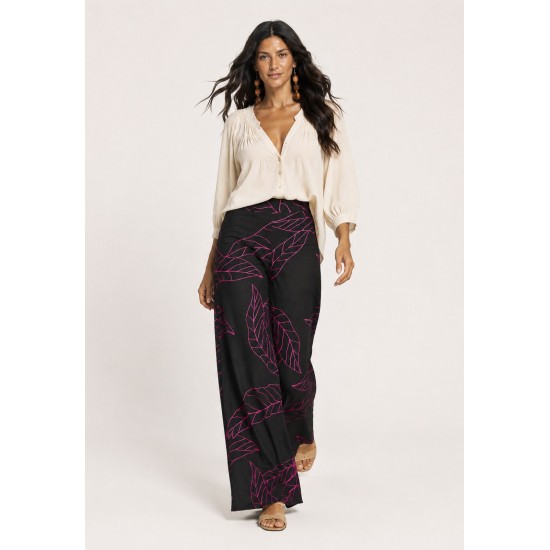 Calça Pantalona Granja Malha Estampa Antúrios Lilás
