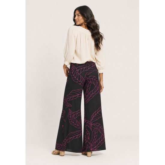Calça Pantalona Granja Malha Estampa Antúrios Lilás