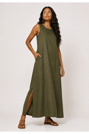 Vestido Longo Linho com Viscose com Bolso Verde