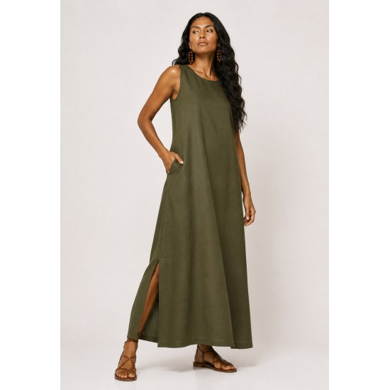 Vestido Longo Linho com Viscose com Bolso Verde