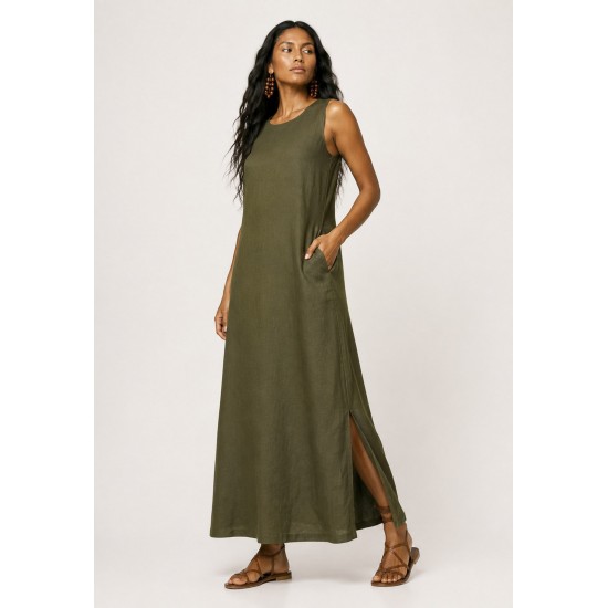Vestido Longo Linho com Viscose com Bolso Verde