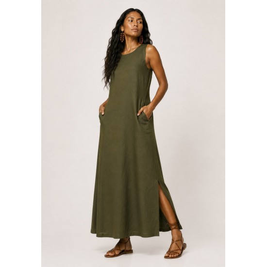 Vestido Longo Linho com Viscose com Bolso Verde