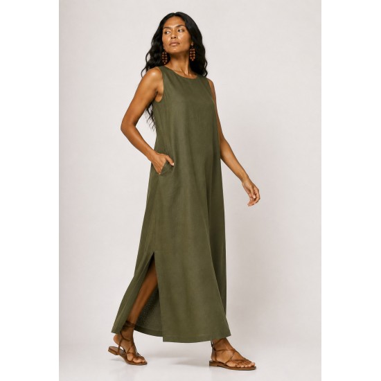 Vestido Longo Linho com Viscose com Bolso Verde