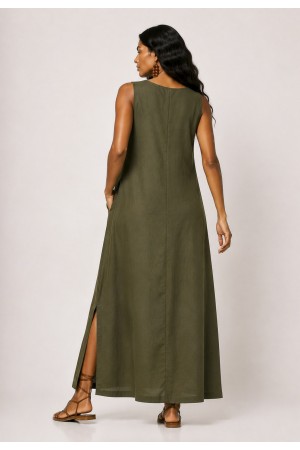 Vestido Longo Linho com Viscose com Bolso Verde